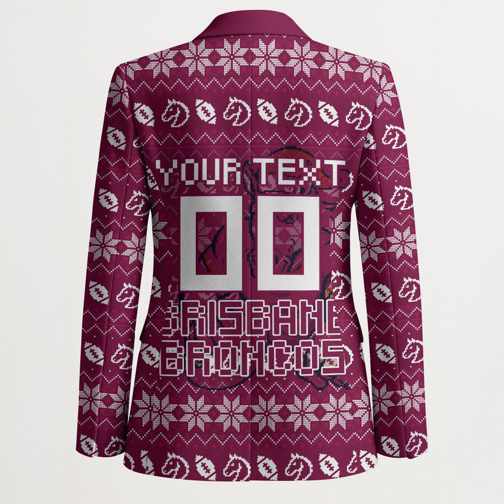 Personalized Brisbane Broncos Christmas Blazer Australian Rugby Fans - Pixelated Ugly Xmas Pattern Mascot Santa