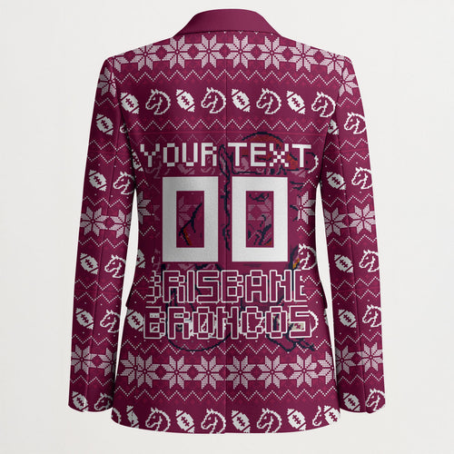 Personalized Brisbane Broncos Christmas Blazer Australian Rugby Fans - Pixelated Ugly Xmas Pattern Mascot Santa