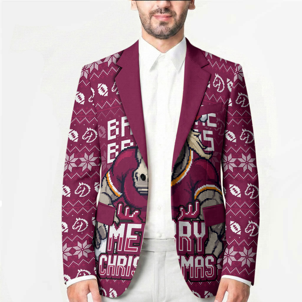 Personalized Brisbane Broncos Christmas Blazer Australian Rugby Fans - Pixelated Ugly Xmas Pattern Mascot Santa