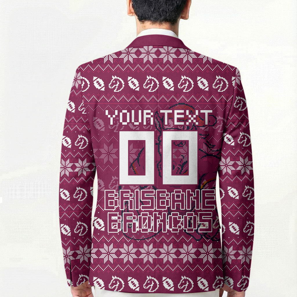 Personalized Brisbane Broncos Christmas Blazer Australian Rugby Fans - Pixelated Ugly Xmas Pattern Mascot Santa