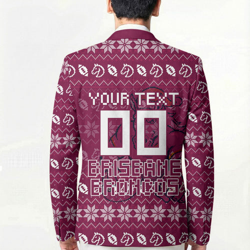Personalized Brisbane Broncos Christmas Blazer Australian Rugby Fans - Pixelated Ugly Xmas Pattern Mascot Santa