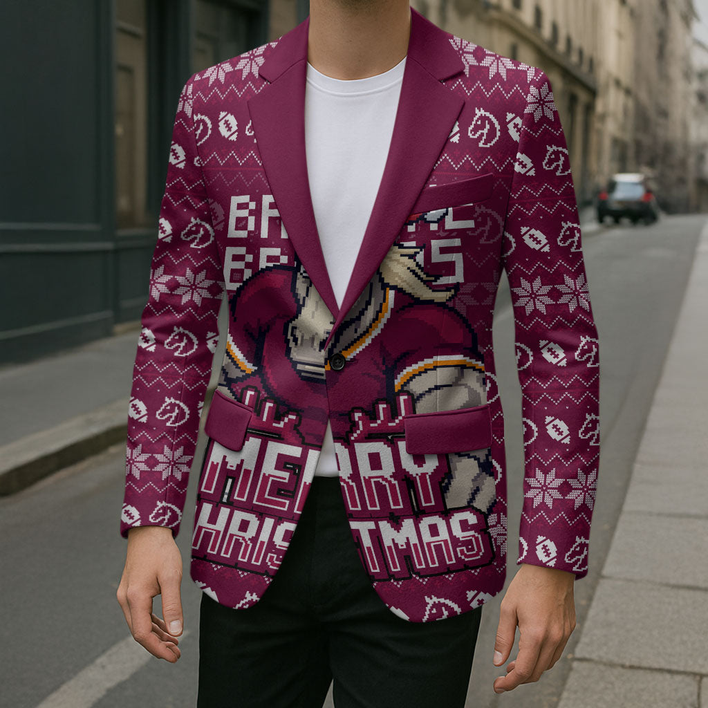 Personalized Brisbane Broncos Christmas Blazer Australian Rugby Fans - Pixelated Ugly Xmas Pattern Mascot Santa