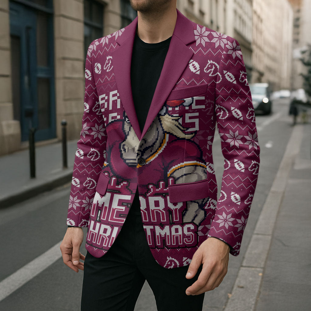 Personalized Brisbane Broncos Christmas Blazer Australian Rugby Fans - Pixelated Ugly Xmas Pattern Mascot Santa