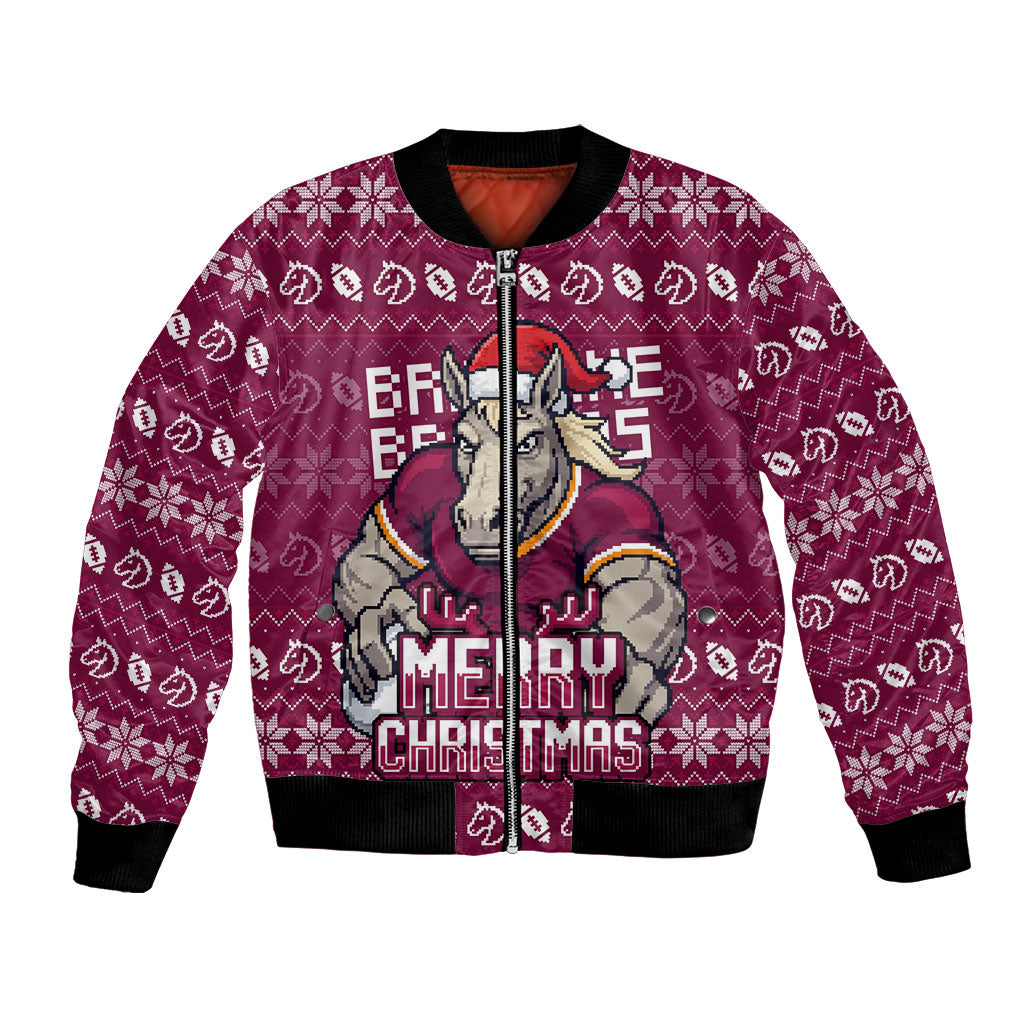 Personalized Brisbane Broncos Christmas Bomber Jacket Australian Rugby Fans - Pixelated Ugly Xmas Pattern Mascot Santa