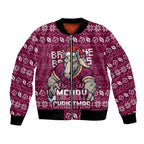 Personalized Brisbane Broncos Christmas Bomber Jacket Australian Rugby Fans - Pixelated Ugly Xmas Pattern Mascot Santa