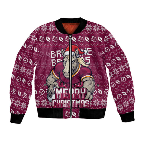 Personalized Brisbane Broncos Christmas Bomber Jacket Australian Rugby Fans - Pixelated Ugly Xmas Pattern Mascot Santa