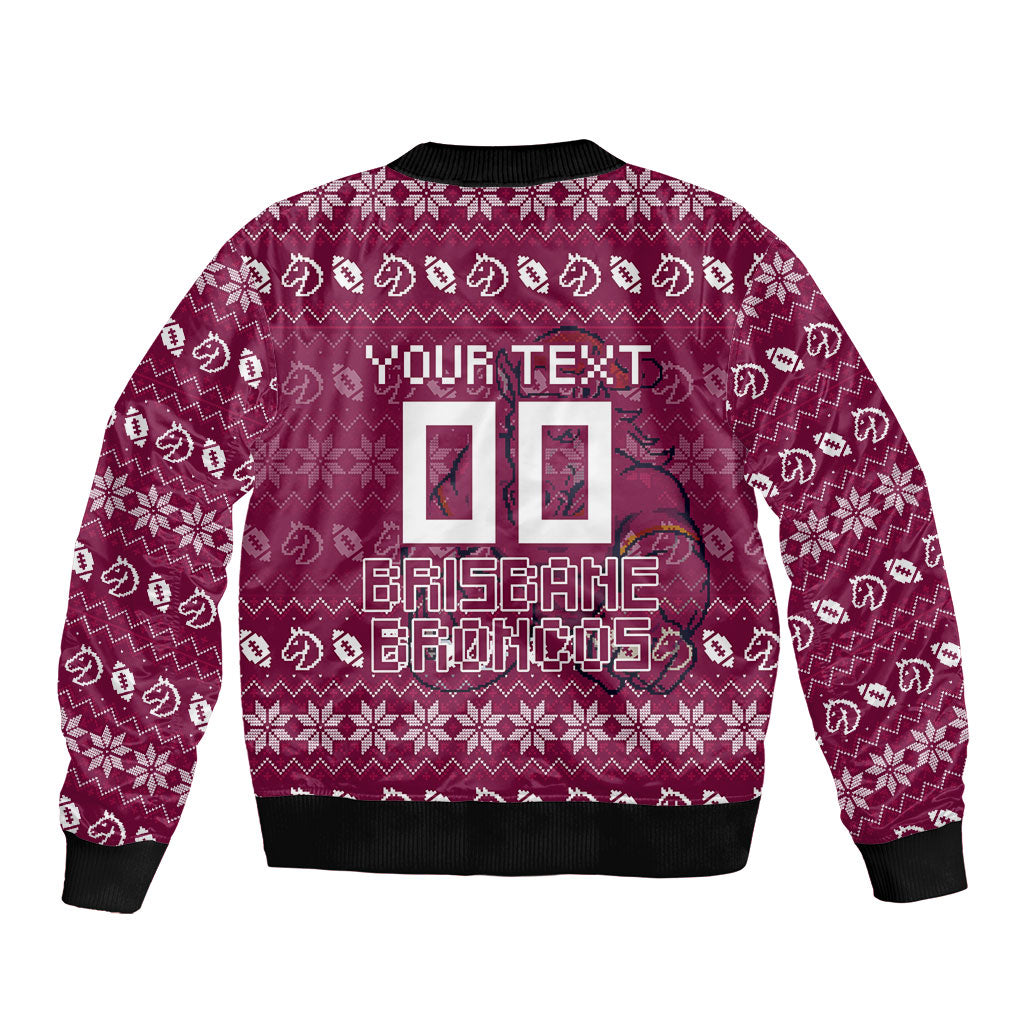 Personalized Brisbane Broncos Christmas Bomber Jacket Australian Rugby Fans - Pixelated Ugly Xmas Pattern Mascot Santa