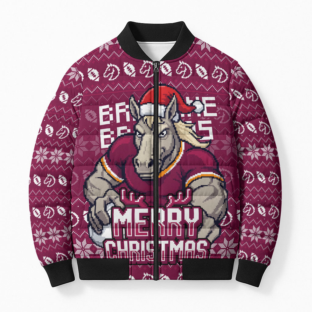 Personalized Brisbane Broncos Christmas Bomber Puffer Jacket Australian Rugby Fans - Pixelated Ugly Xmas Pattern Mascot Santa