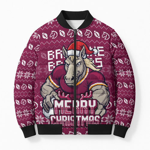 Personalized Brisbane Broncos Christmas Bomber Puffer Jacket Australian Rugby Fans - Pixelated Ugly Xmas Pattern Mascot Santa