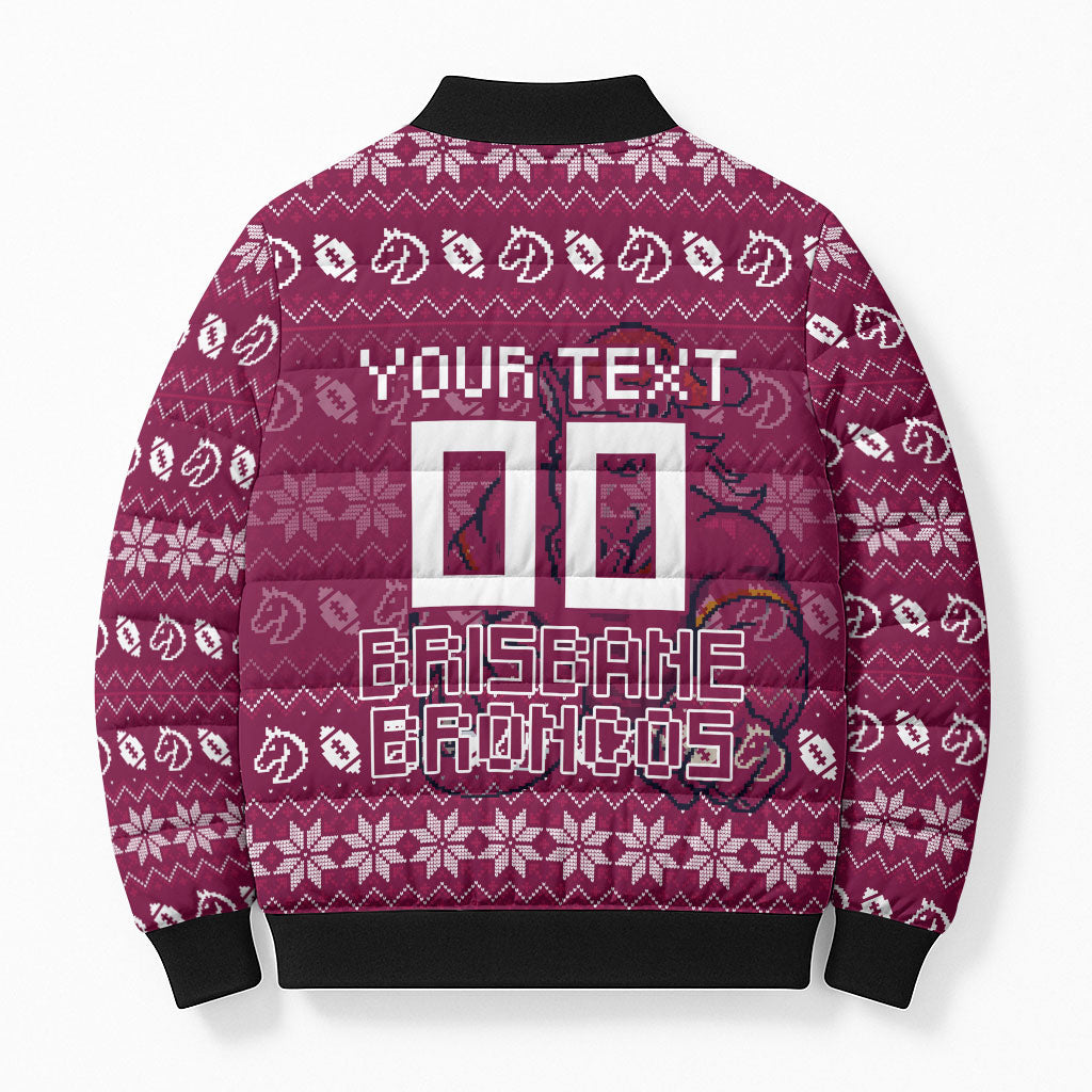 Personalized Brisbane Broncos Christmas Bomber Puffer Jacket Australian Rugby Fans - Pixelated Ugly Xmas Pattern Mascot Santa