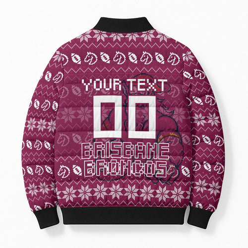 Personalized Brisbane Broncos Christmas Bomber Puffer Jacket Australian Rugby Fans - Pixelated Ugly Xmas Pattern Mascot Santa