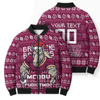 Personalized Brisbane Broncos Christmas Bomber Puffer Jacket Australian Rugby Fans - Pixelated Ugly Xmas Pattern Mascot Santa
