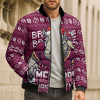 Personalized Brisbane Broncos Christmas Bomber Puffer Jacket Australian Rugby Fans - Pixelated Ugly Xmas Pattern Mascot Santa