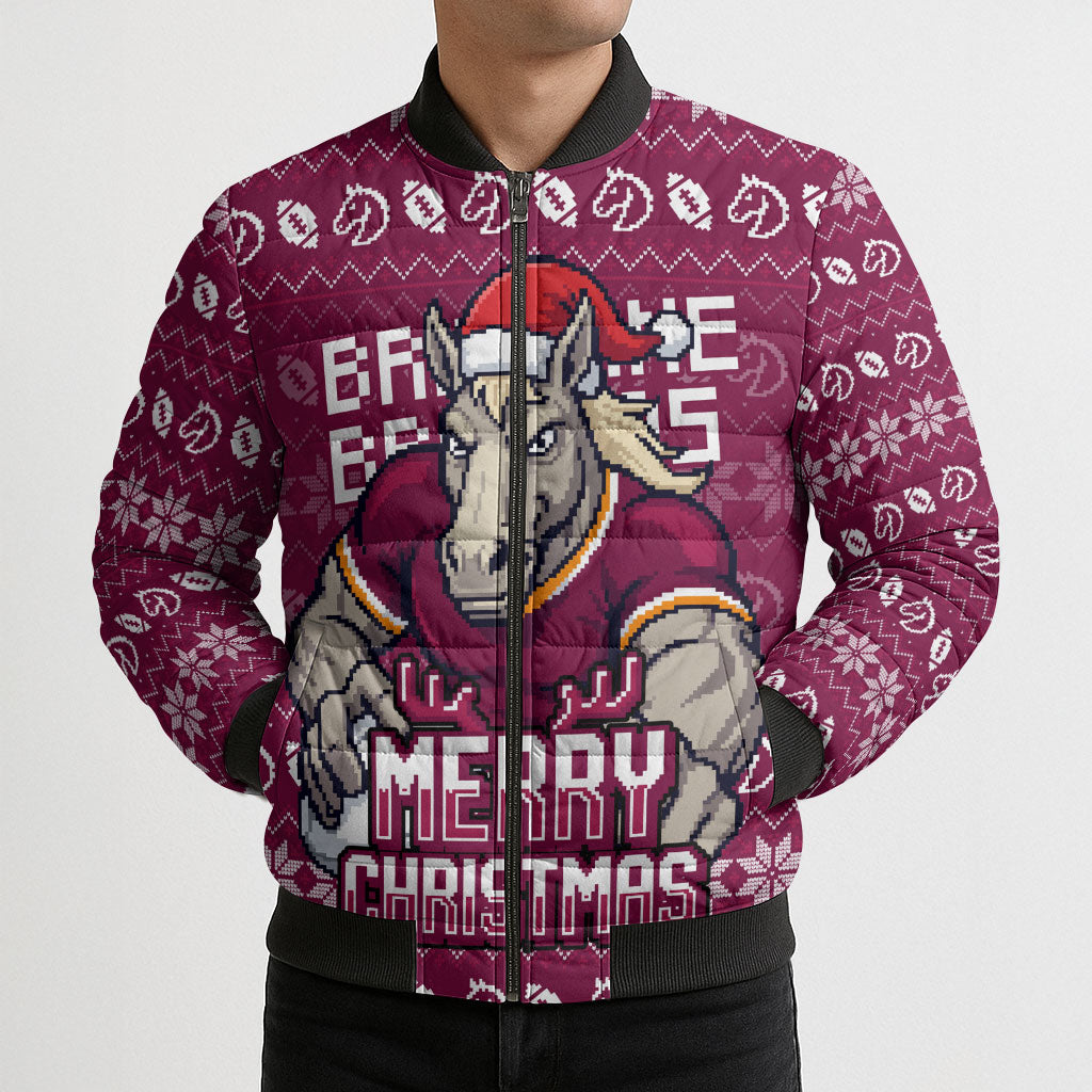 Personalized Brisbane Broncos Christmas Bomber Puffer Jacket Australian Rugby Fans - Pixelated Ugly Xmas Pattern Mascot Santa
