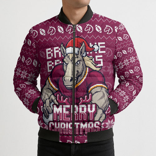 Personalized Brisbane Broncos Christmas Bomber Puffer Jacket Australian Rugby Fans - Pixelated Ugly Xmas Pattern Mascot Santa