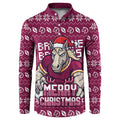Personalized Brisbane Broncos Christmas Button Sweatshirt Australian Rugby Fans - Pixelated Ugly Xmas Pattern Mascot Santa