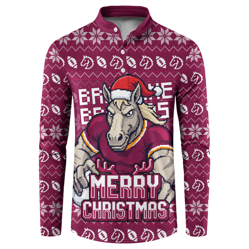 Personalized Brisbane Broncos Christmas Button Sweatshirt Australian Rugby Fans - Pixelated Ugly Xmas Pattern Mascot Santa