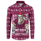 Personalized Brisbane Broncos Christmas Button Sweatshirt Australian Rugby Fans - Pixelated Ugly Xmas Pattern Mascot Santa