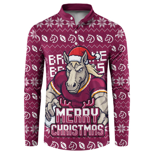 Personalized Brisbane Broncos Christmas Button Sweatshirt Australian Rugby Fans - Pixelated Ugly Xmas Pattern Mascot Santa