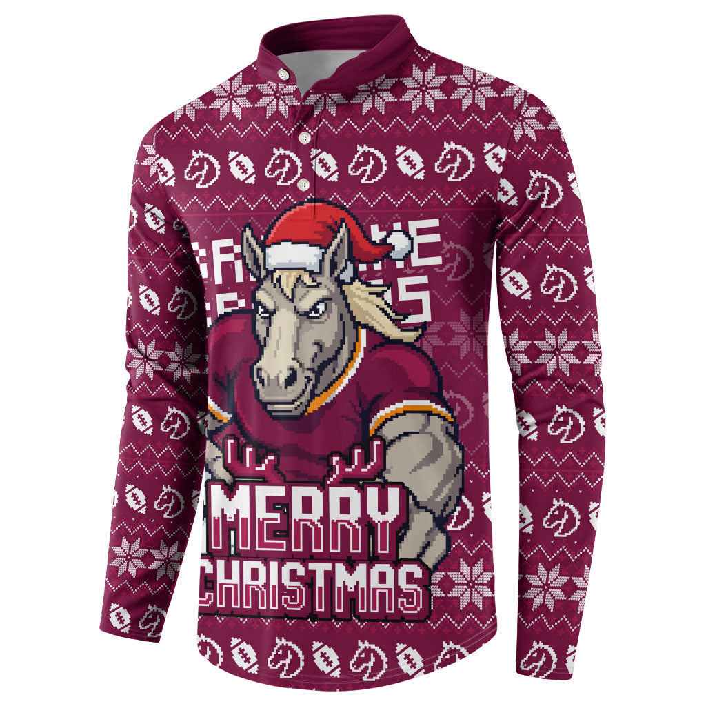 Personalized Brisbane Broncos Christmas Button Sweatshirt Australian Rugby Fans - Pixelated Ugly Xmas Pattern Mascot Santa