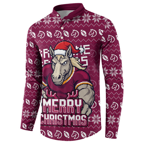 Personalized Brisbane Broncos Christmas Button Sweatshirt Australian Rugby Fans - Pixelated Ugly Xmas Pattern Mascot Santa