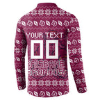 Personalized Brisbane Broncos Christmas Button Sweatshirt Australian Rugby Fans - Pixelated Ugly Xmas Pattern Mascot Santa