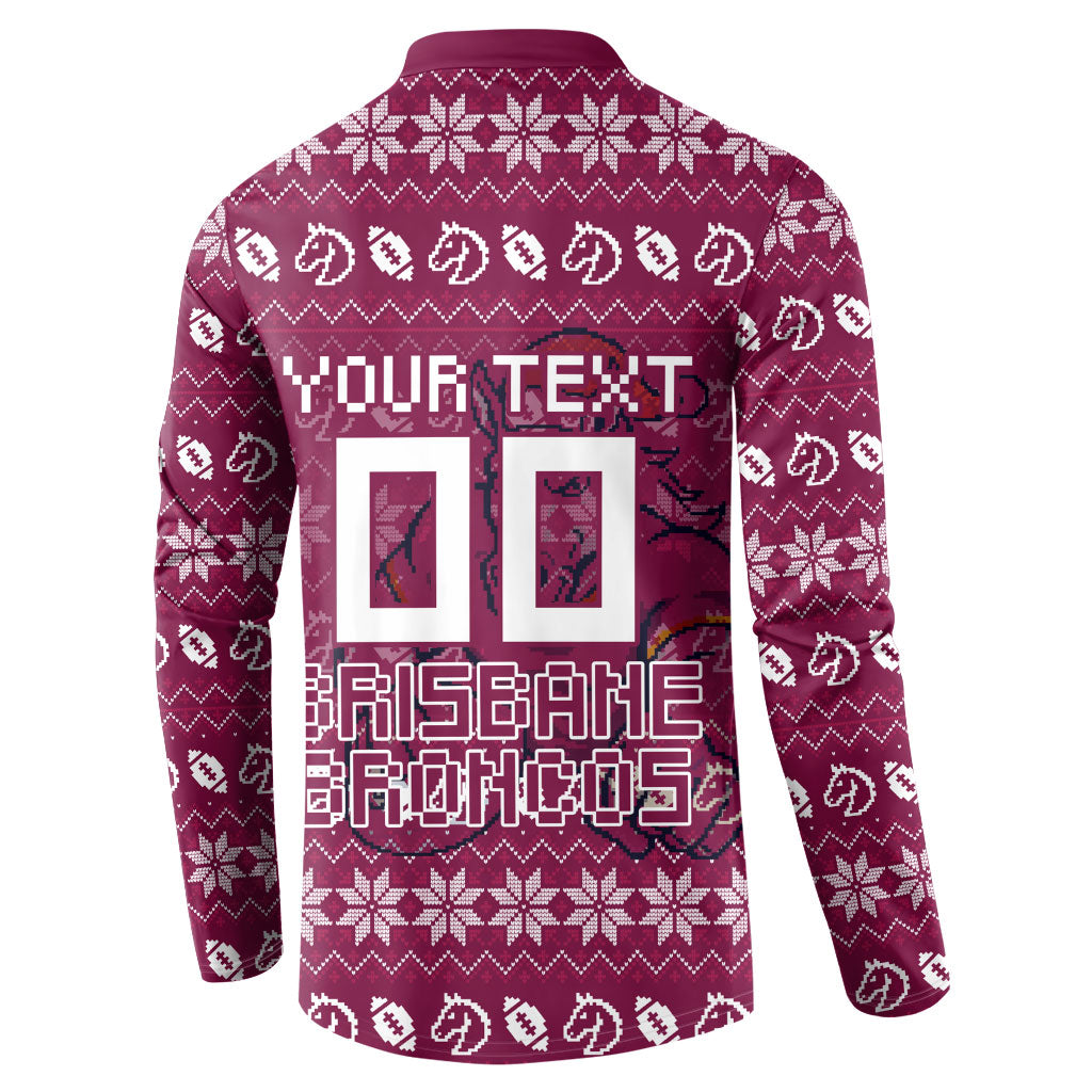 Personalized Brisbane Broncos Christmas Button Sweatshirt Australian Rugby Fans - Pixelated Ugly Xmas Pattern Mascot Santa