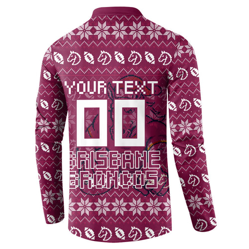 Personalized Brisbane Broncos Christmas Button Sweatshirt Australian Rugby Fans - Pixelated Ugly Xmas Pattern Mascot Santa