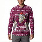 Personalized Brisbane Broncos Christmas Button Sweatshirt Australian Rugby Fans - Pixelated Ugly Xmas Pattern Mascot Santa