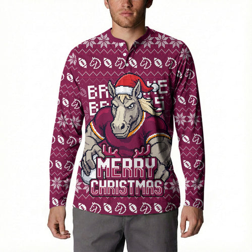 Personalized Brisbane Broncos Christmas Button Sweatshirt Australian Rugby Fans - Pixelated Ugly Xmas Pattern Mascot Santa