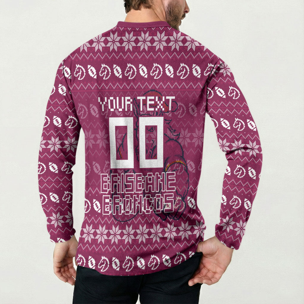 Personalized Brisbane Broncos Christmas Button Sweatshirt Australian Rugby Fans - Pixelated Ugly Xmas Pattern Mascot Santa