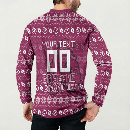 Personalized Brisbane Broncos Christmas Button Sweatshirt Australian Rugby Fans - Pixelated Ugly Xmas Pattern Mascot Santa