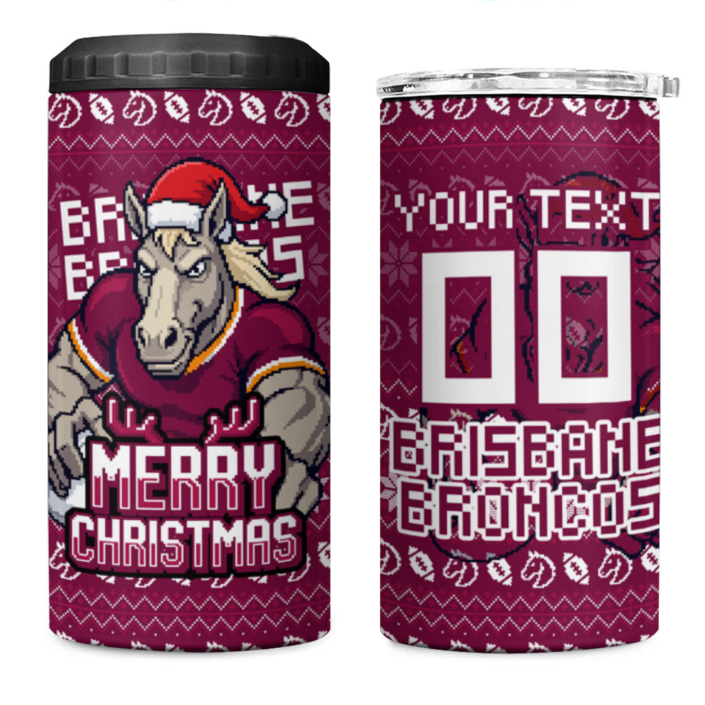 Personalized Brisbane Broncos Christmas 4 in 1 Can Cooler Tumbler Australian Rugby Fans - Pixelated Ugly Xmas Pattern Mascot Santa