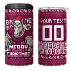 Personalized Brisbane Broncos Christmas 4 in 1 Can Cooler Tumbler Australian Rugby Fans - Pixelated Ugly Xmas Pattern Mascot Santa