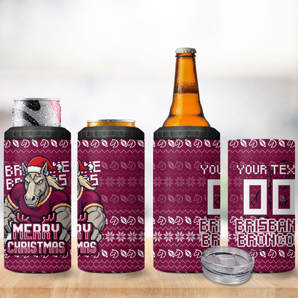 Personalized Brisbane Broncos Christmas 4 in 1 Can Cooler Tumbler Australian Rugby Fans - Pixelated Ugly Xmas Pattern Mascot Santa