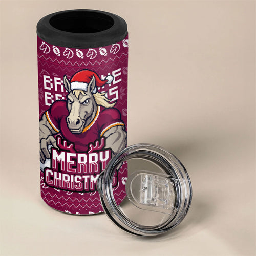 Personalized Brisbane Broncos Christmas 4 in 1 Can Cooler Tumbler Australian Rugby Fans - Pixelated Ugly Xmas Pattern Mascot Santa