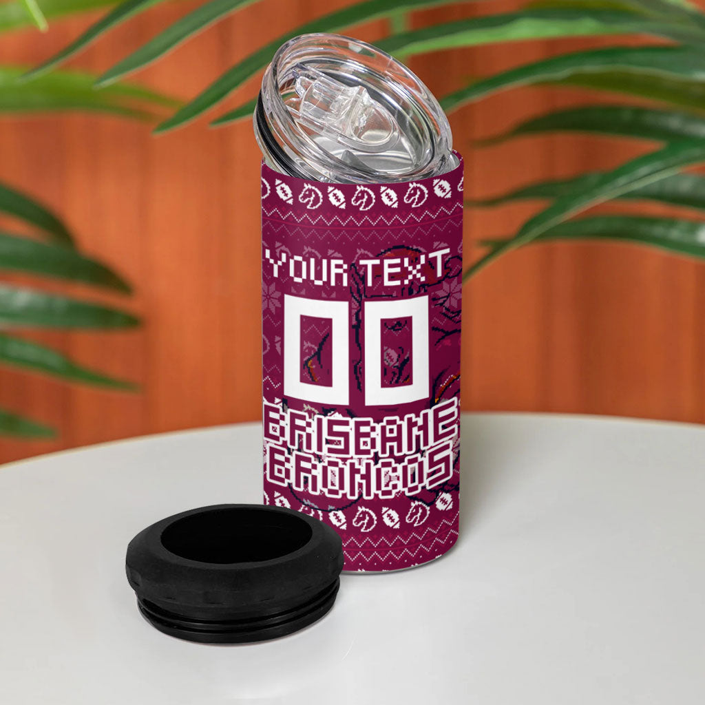 Personalized Brisbane Broncos Christmas 4 in 1 Can Cooler Tumbler Australian Rugby Fans - Pixelated Ugly Xmas Pattern Mascot Santa