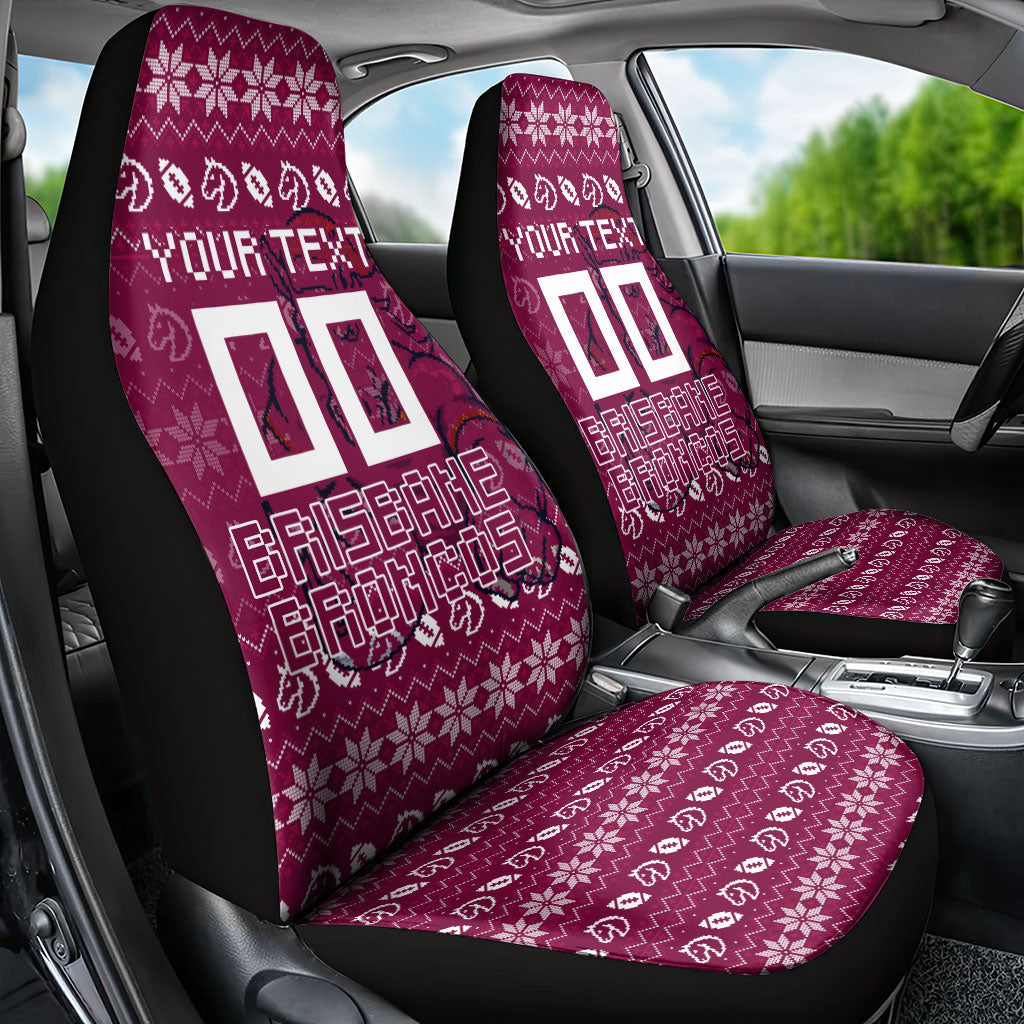 Personalized Brisbane Broncos Christmas Car Seat Cover Australian Rugby Fans - Pixelated Ugly Xmas Pattern Mascot Santa