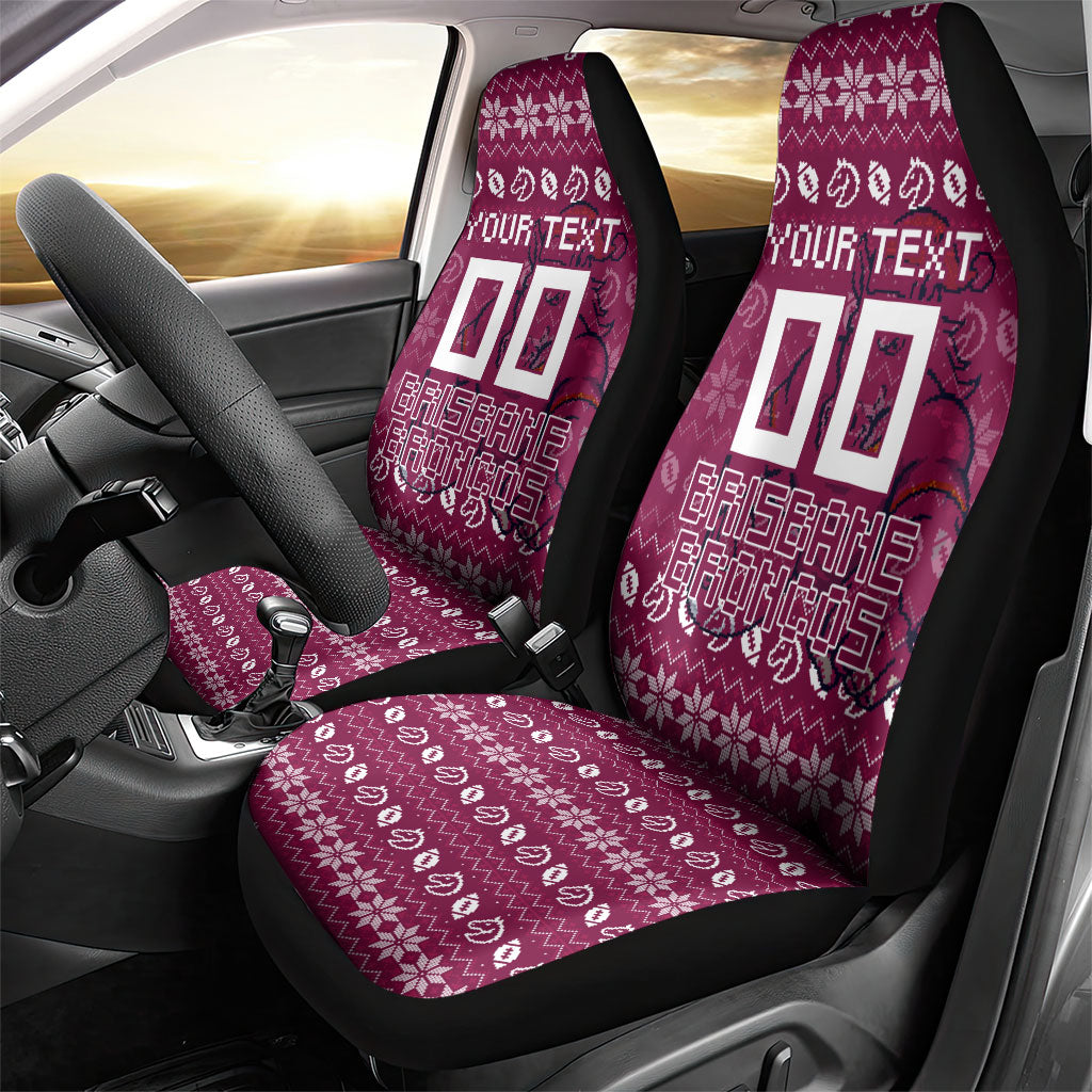 Personalized Brisbane Broncos Christmas Car Seat Cover Australian Rugby Fans - Pixelated Ugly Xmas Pattern Mascot Santa