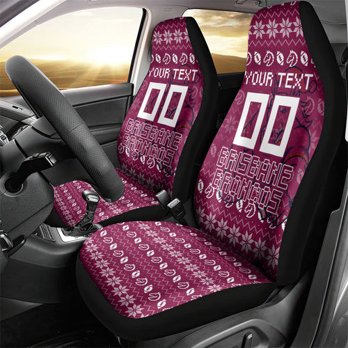 Personalized Brisbane Broncos Christmas Car Seat Cover Australian Rugby Fans - Pixelated Ugly Xmas Pattern Mascot Santa
