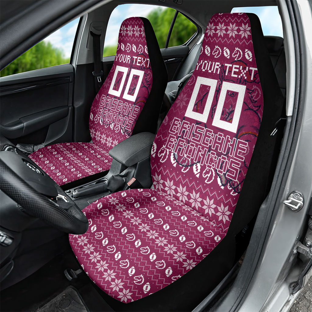 Personalized Brisbane Broncos Christmas Car Seat Cover Australian Rugby Fans - Pixelated Ugly Xmas Pattern Mascot Santa