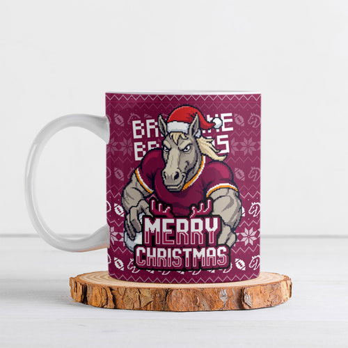 Personalized Brisbane Broncos Christmas Ceramic Mug Australian Rugby Fans - Pixelated Ugly Xmas Pattern Mascot Santa