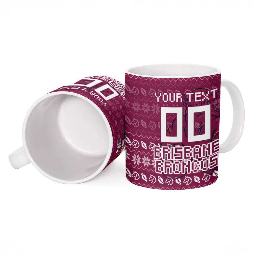 Personalized Brisbane Broncos Christmas Ceramic Mug Australian Rugby Fans - Pixelated Ugly Xmas Pattern Mascot Santa