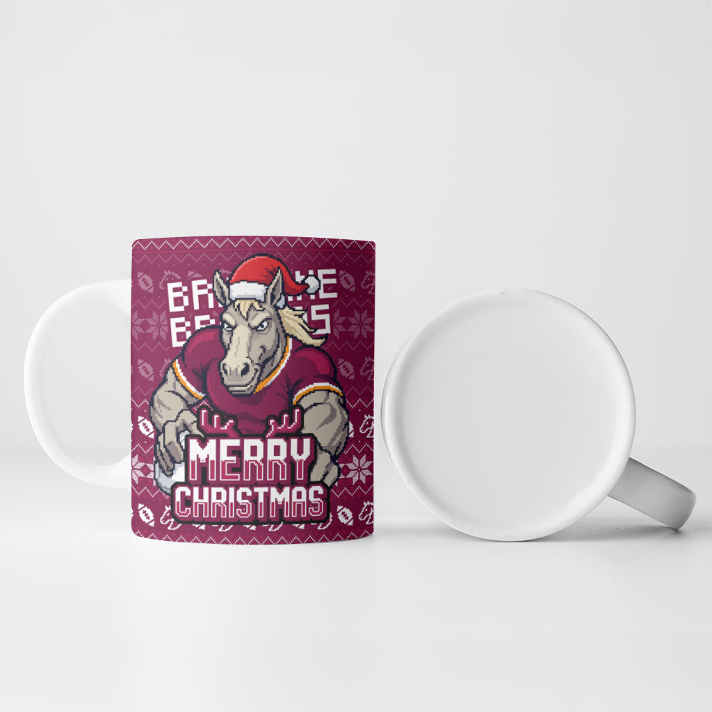 Personalized Brisbane Broncos Christmas Ceramic Mug Australian Rugby Fans - Pixelated Ugly Xmas Pattern Mascot Santa