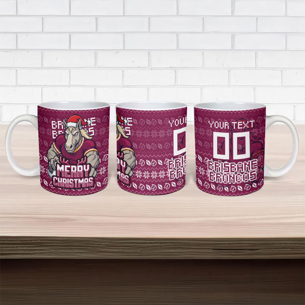 Personalized Brisbane Broncos Christmas Ceramic Mug Australian Rugby Fans - Pixelated Ugly Xmas Pattern Mascot Santa
