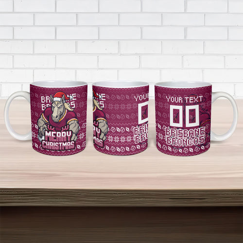 Personalized Brisbane Broncos Christmas Ceramic Mug Australian Rugby Fans - Pixelated Ugly Xmas Pattern Mascot Santa