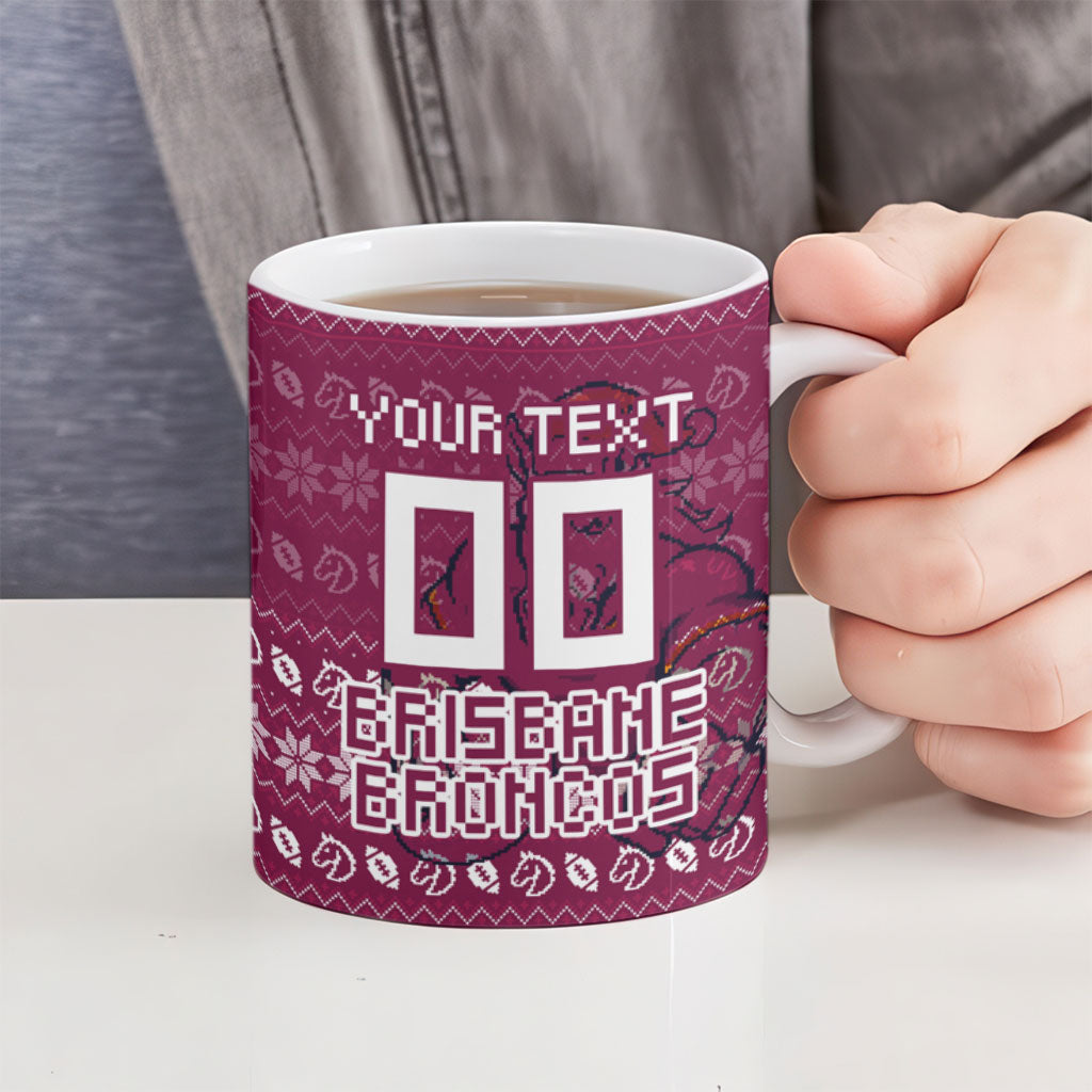 Personalized Brisbane Broncos Christmas Ceramic Mug Australian Rugby Fans - Pixelated Ugly Xmas Pattern Mascot Santa