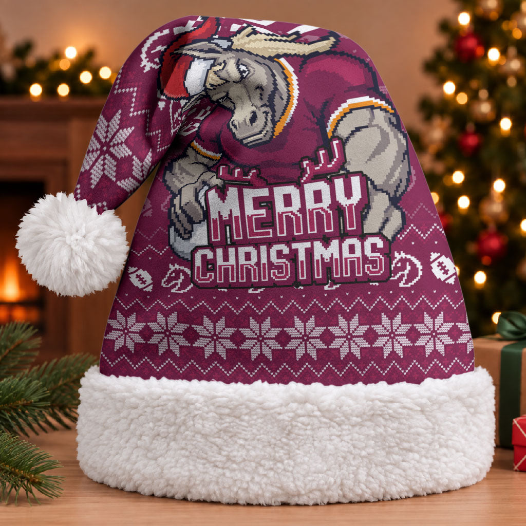 Brisbane Broncos Christmas Santa Hat Australian Rugby Fans - Pixelated Ugly Xmas Pattern Mascot Santa
