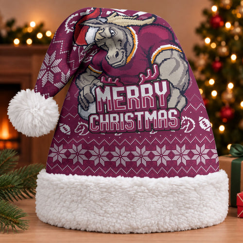 Brisbane Broncos Christmas Santa Hat Australian Rugby Fans - Pixelated Ugly Xmas Pattern Mascot Santa