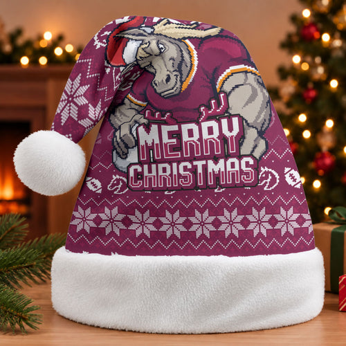 Brisbane Broncos Christmas Santa Hat Australian Rugby Fans - Pixelated Ugly Xmas Pattern Mascot Santa